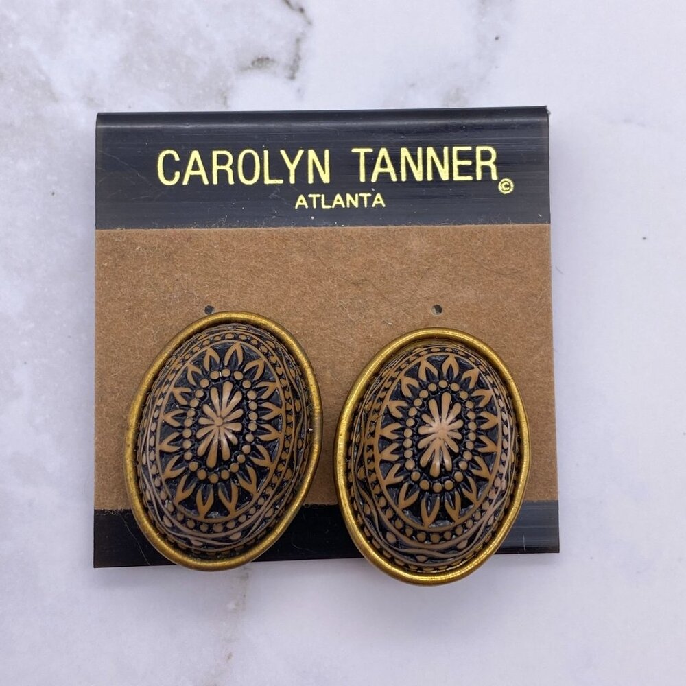 Vintage Carolyn‎ Tanner Oval Mandala style clip on earrings Brown black